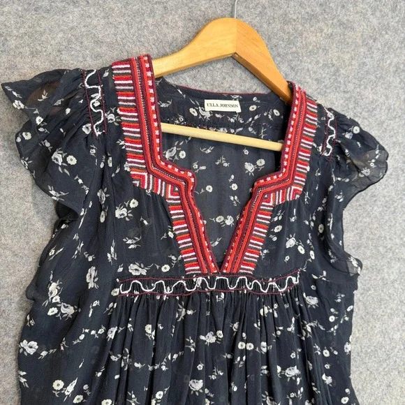 Ulla Johnson Anosha 100% Silk Blouse Womens 6 Floral Ruffle Cap Black Red Top - Picture 3 of 10